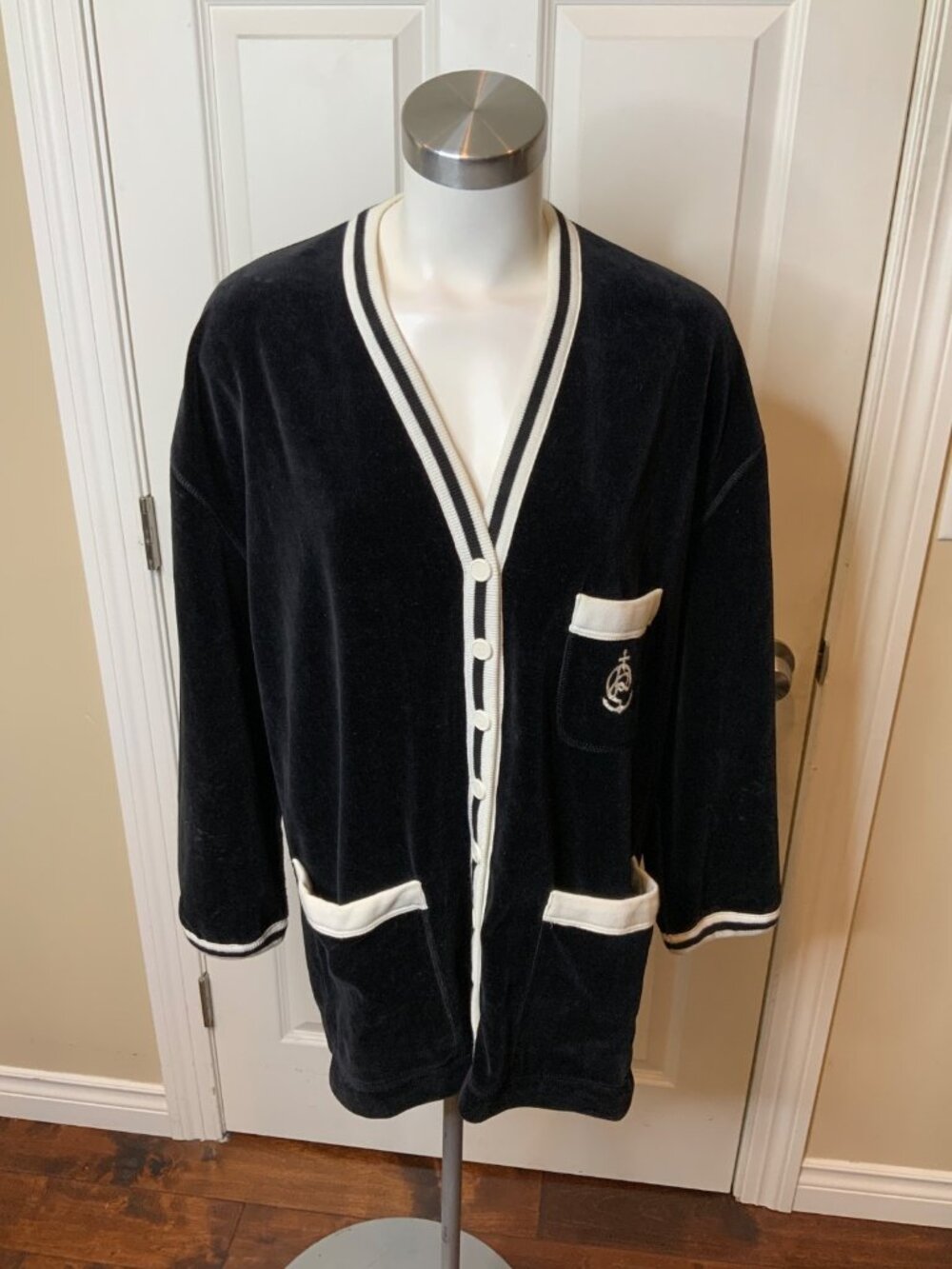 Sonia Rykiel Black Velour Logo Embroidered Cardigan Sweater, Size XL | 46